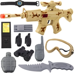 Katonai készlet puskával és tartozékokkal, lövés hangja, homokszínű álcázás