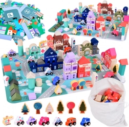 Pasztellszínű fa készlet Város puzzlematricával