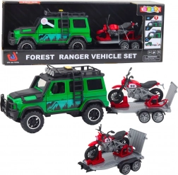 Terepjáró autó utánfutóval és motorral, fényekkel és hangokkal – zöld