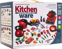 Piros edényszett konyhával és kellékekkel