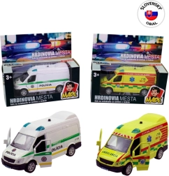 Fém mentőautó fénnyel és hanggal, pull-back 12 cm