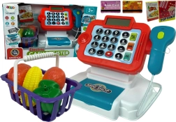 Gyerek pénztárgép számológéppel és zöldségkosárral