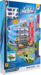 Többszintes parkolóház kézi lifttel és játékszőnyeggel + 6 kisautó