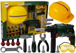 Gyerekműhely eszközkészlet fúrógéppel, védőszemüveggel és sisakkal