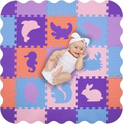 Humbi 3 az 1-ben hab játszószőnyeg és járóka, állatok, 120 × 120 cm, pasztell rózsaszín/lila/kék