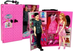 Fiú és lány babaszett ruhásszekrénnyel és ruhákkal, bőröndben