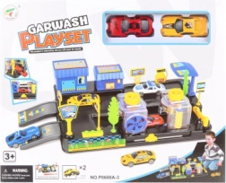 Autómosó állomás benzinkúttal és 2 sportautóval