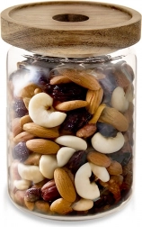 Üveg tárolóedény száraz élelmiszerekhez fa fedéllel és tömítéssel 970 ml