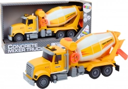 Sárga teherautó betonkeverő dörzshajtással, fény- és hangeffektusokkal