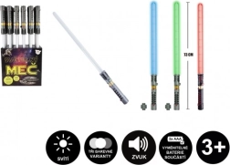 Fénykard hang- és fényhatásokkal, 73 cm, műanyag, 3× AAA, 3 szín