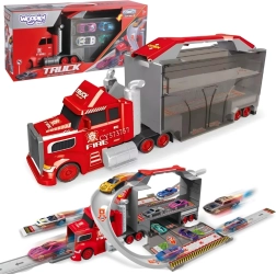 Woopie tűzoltó teherautó garázzsal és versenypályával