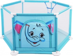 gyerek játszó járóka elefánt mintával, labdákkal és kosárral