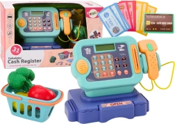 Gyerek pénztárgép kék színnel és kosárral