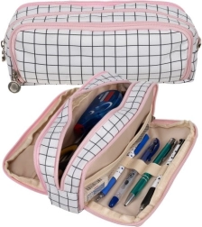 Nagy, háromrekeszes tolltartó kockás dizájnnal