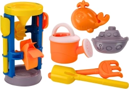 Nagy homokozó készlet malommal, lapáttal, gereblyével, öntözőkannával és formákkal