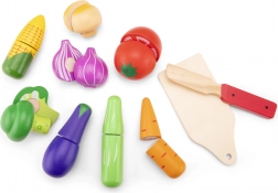 Fából készült zöldségvágó készlet kosárral