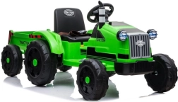 Zöld, akkumulátoros gyermektraktor pótkocsival