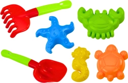 Homokozójáték készlet lapáttal, gereblyével és formákkal