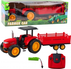 Távirányítású piros farmer traktor utánfutóval