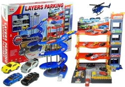 Többszintes garázs autókkal és helikopterrel