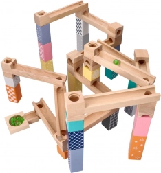 Fa pasztellszínű golyópálya, 53 elem + 6 üveggolyó