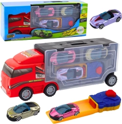 Piros kamion mobil garázzsal és kilövővel + 3 kisautó