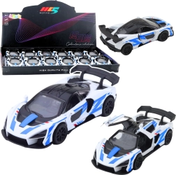 Fém versenysportautó 1:32 méretarányban visszahúzós meghajtással és nyitható ajtókkal – fehér