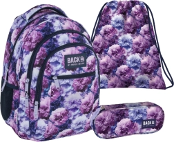 BackUP Violet Flowers 3 az 1-ben iskolai szett – hátizsák, tolltartó és tornazsák