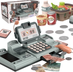 Gyerek pénztár mérleggel, szkennerrel és kosárral a bolt szerepjátékhoz