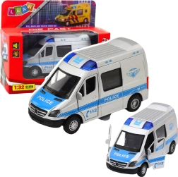 Fém rendőrautó 1:32 méretarányban, visszahúzós meghajtással, fénnyel és hanggal