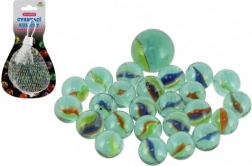 Üveggolyók pöcköléshez hálóban – vegyes méretek