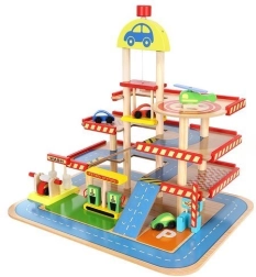 Fából készült parkoló garázzsal gyerekeknek