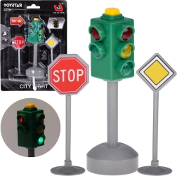 fény- és hangjelzéssel ellátott jelzőlámpa játék 2 közlekedési táblával