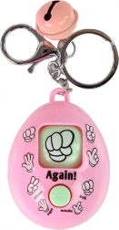 Rózsaszín kulcstartó kő–papír–olló játékkal