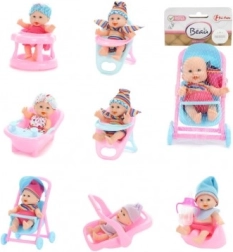 Baba/kisbaba kiegészítőkkel, műanyag, merev test, 11 cm, hálóban