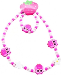 Bagoly mintás nyaklánc és karkötő szett fából készült gyöngyökkel