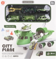 Repülőgép szétnyitható garázzsal és katonai autókkal