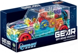 átlátszó terepjáró autó fogaskerekekkel és fényhatásokkal