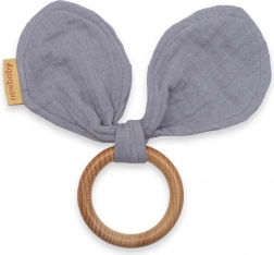 Fából készült rágóka muszlin fülecskékkel New Baby, szürke