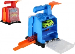 Műanyag garázs kilövő mechanizmussal és 2 kisautóval