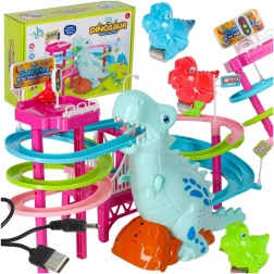 Dínó versenypálya csúszdával, mozgólépcsővel, LED-del és hanggal