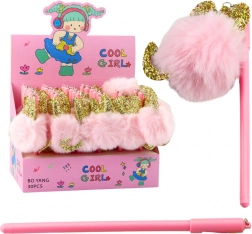 Gél toll rózsaszín pomponnal, kék tinta, 17 cm, 0,5 mm