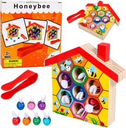 Fából készült montessori méhkaptár méhecskékkel és csipesszel (7 db)