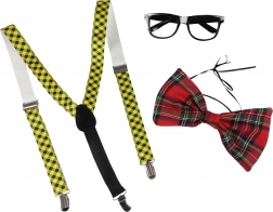 Karneváli szett: csokornyakkendő szemüveggel és nadrágtartóval