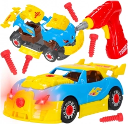 2 az 1-ben versenyautó építőkészlet akkumulátoros csavarhúzóval, fénnyel és hangokkal