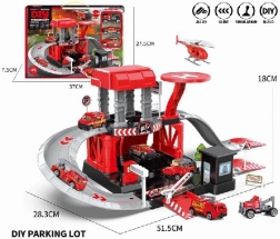 Parkolószett fém tűzoltóautókkal és helikopterrel