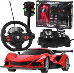 RC sportautó kormánnyal, pedálokkal és közlekedési lámpával 1:16 – Piros