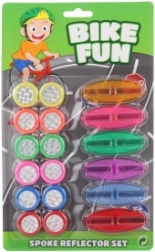 Színes műanyag kerékpár-kiegészítők – prizmaszett és díszkerekek