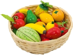 Fából készült gyümölcsök kosárban – 23 darabos készlet