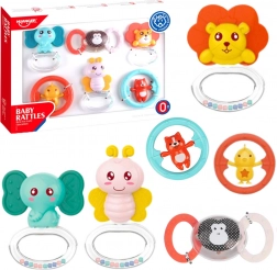 Állatfigurás csörgő és rágóka szett babáknak, 6 darab